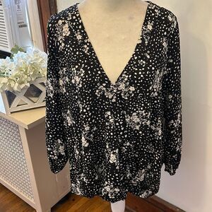 Tempted Los Angeles black white floral mixed media long sleeve blouse XL New